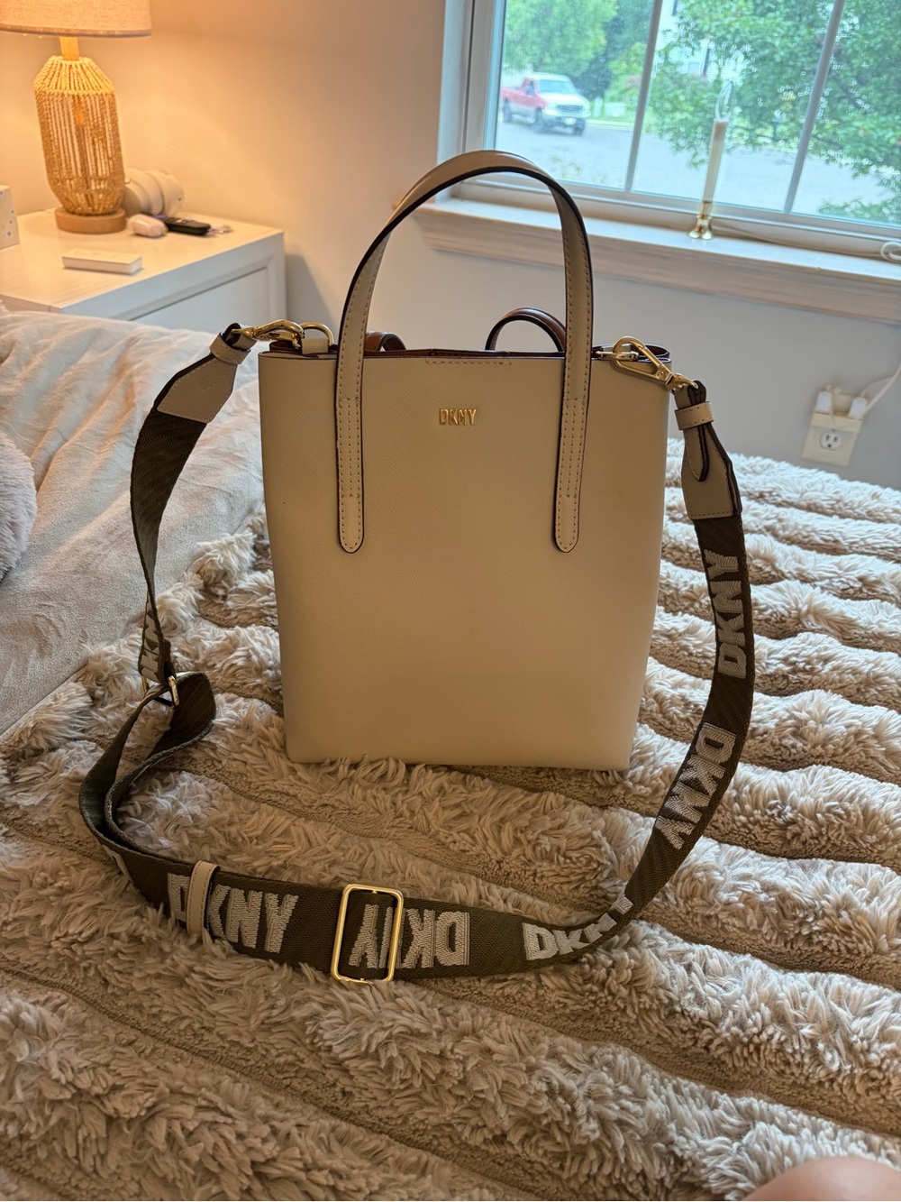 DKNY Cream Leather Tote with Branded Olive Strap